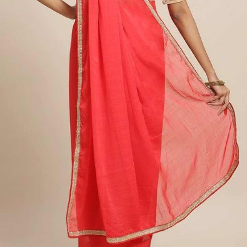 Red Chiffon Saree with Golden Border (India)
